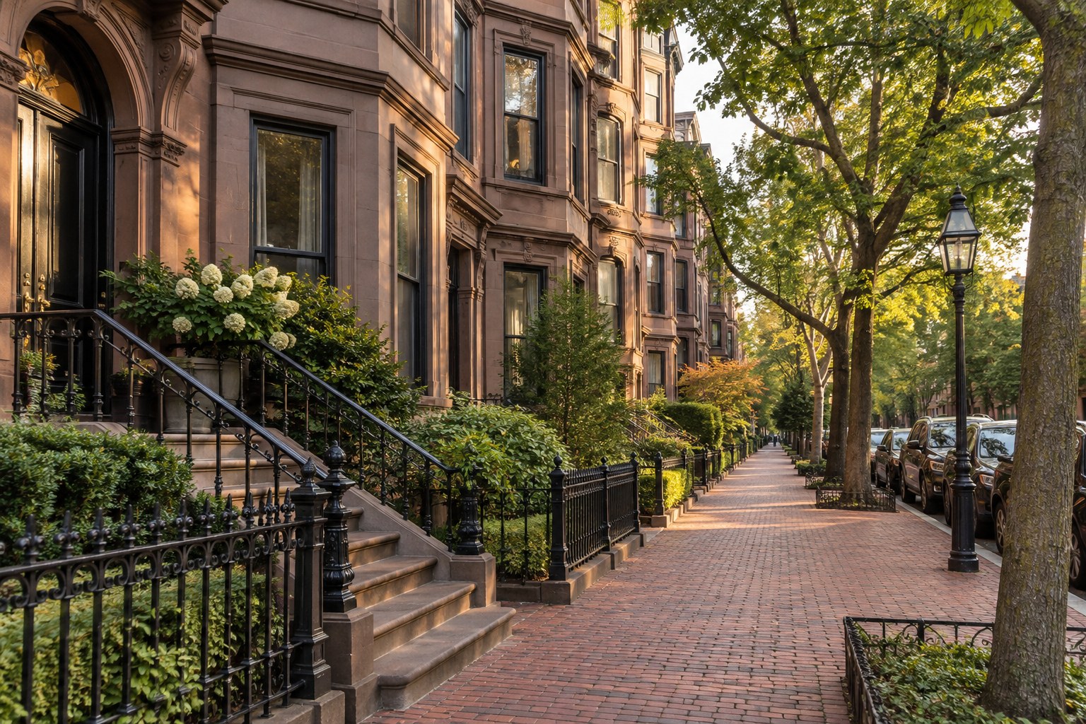 A quiet Back Bay Boston brownstone street, illustrative