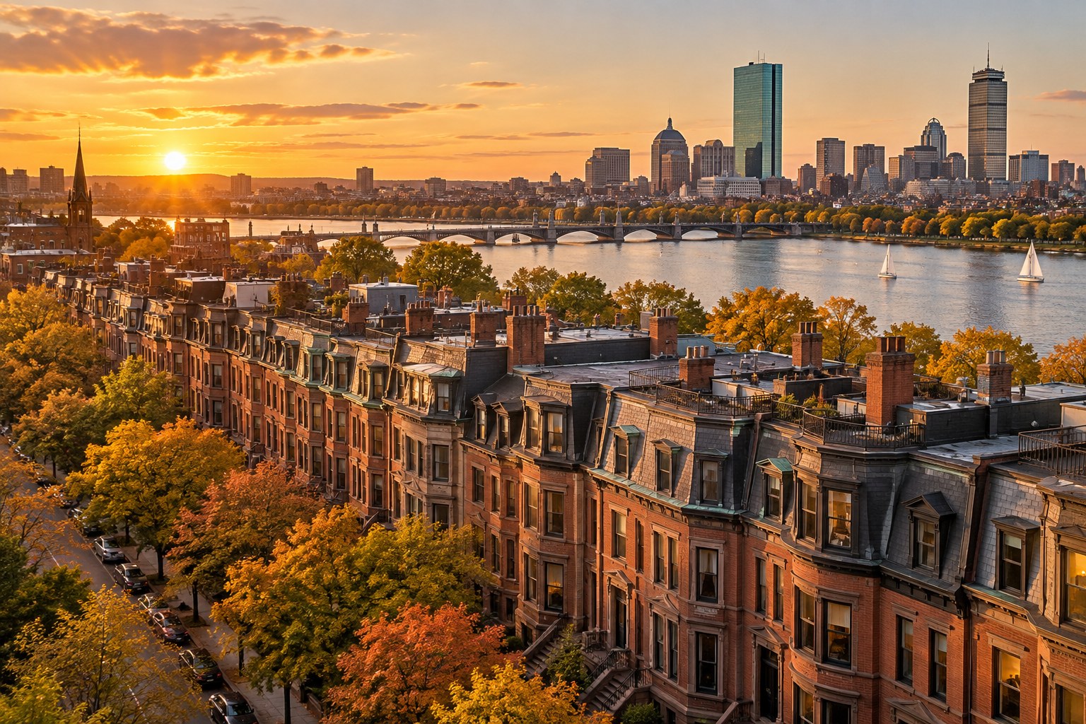 Boston Back Bay brownstones and the Charles River at golden hour, illustrative