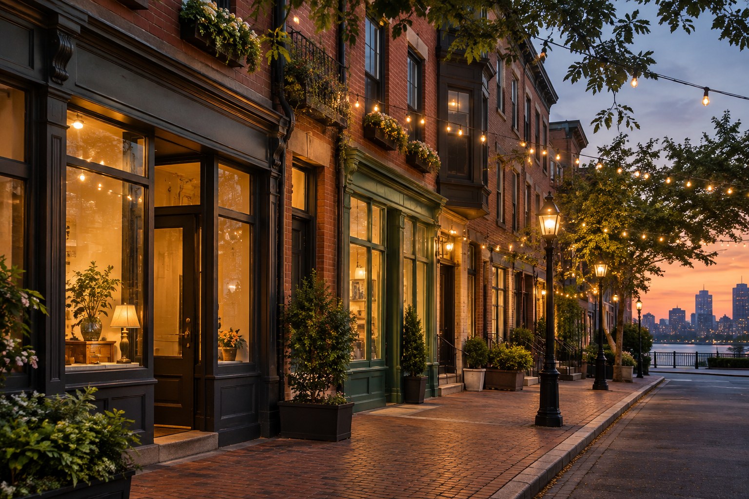 A Boston neighborhood main street at golden hour, illustrative
