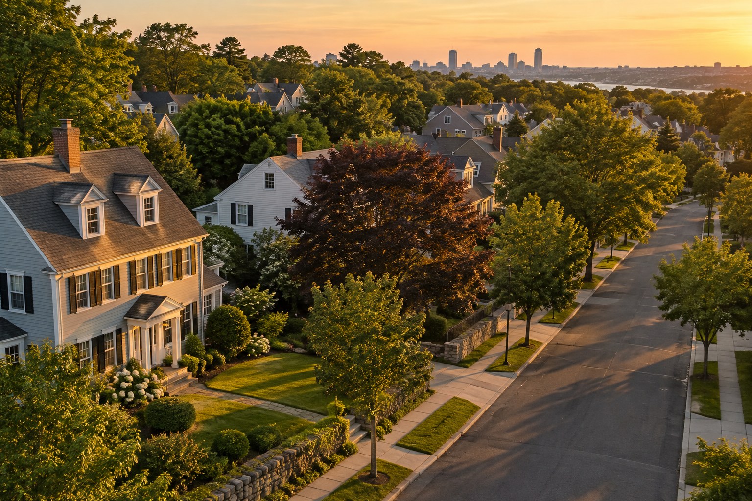 A quiet residential Greater Boston neighborhood street at golden hour, illustrative