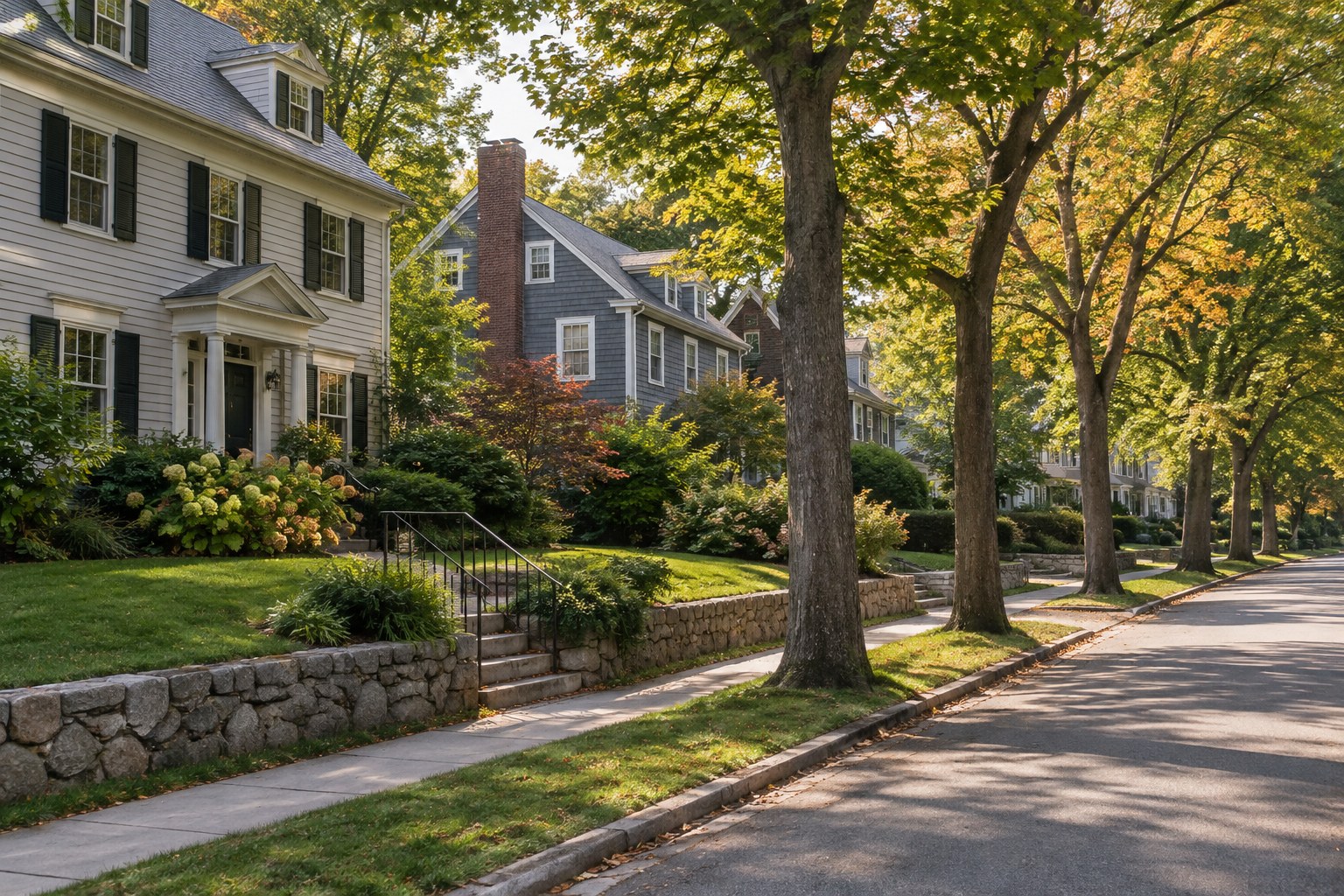 A quiet residential Newton, Massachusetts street, illustrative