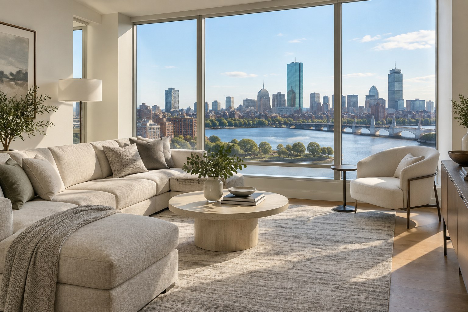A bright modern living room with a Boston city view, illustrative